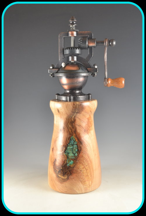 Antique Style Pepper Mill spaulted elm, woodturning, mill, elm, turquoise