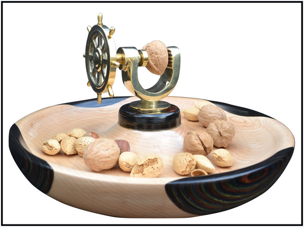 #1971 Brass Ship's Wheel Nut Cracker Bowl, woodturning, maple